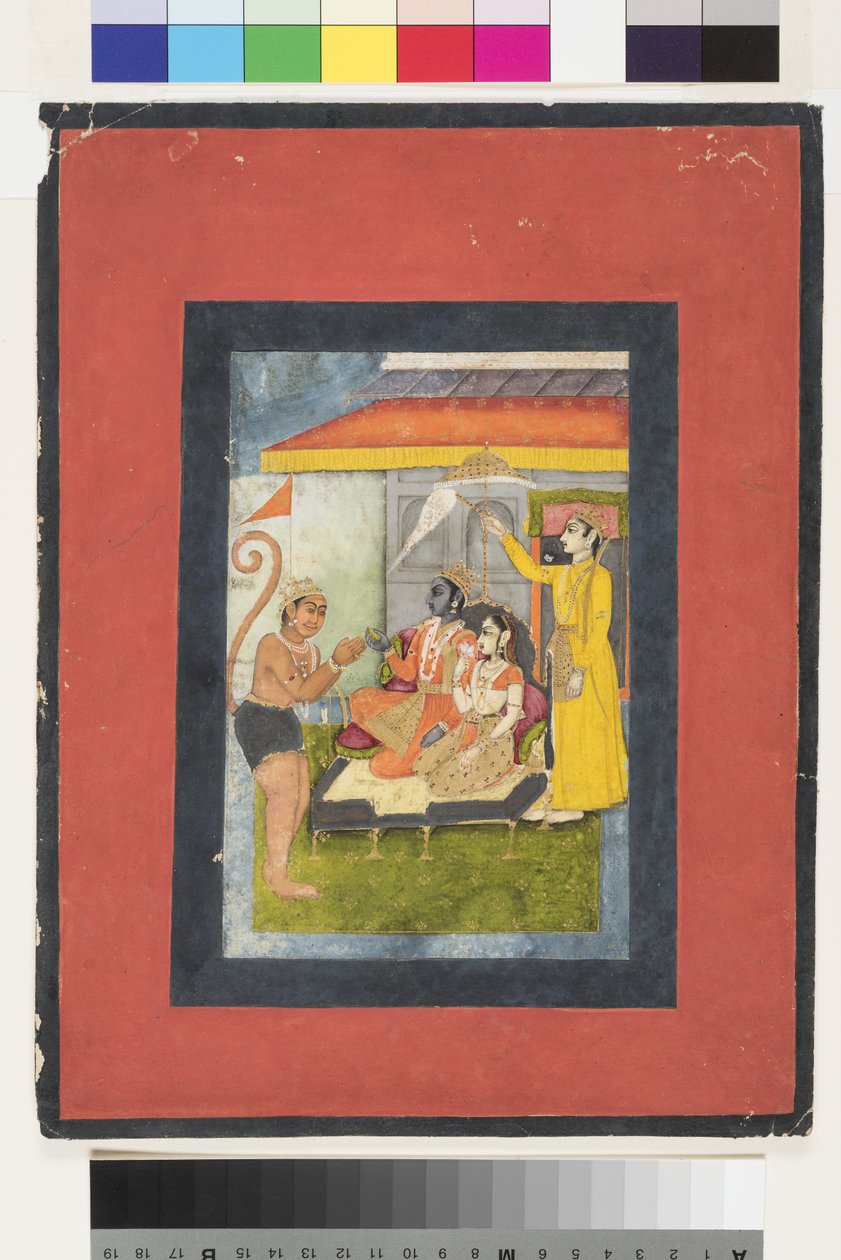 हनुमान द्वारा अभिमानी राम और सीता; लक्ष्मण एक मोर्चा, c.1780 (कागज पर अपारदर्शी wc और सोना) रखते हैं द्वारा इंडियन स्कूल
