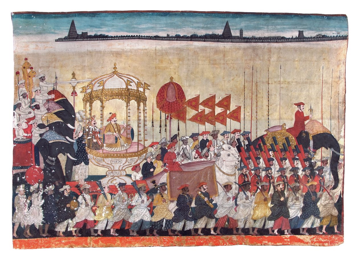 जुलूस में राव तुलजाजी, c.1775 (कागज पर अपारदर्शी wc और सोना) द्वारा इंडियन स्कूल