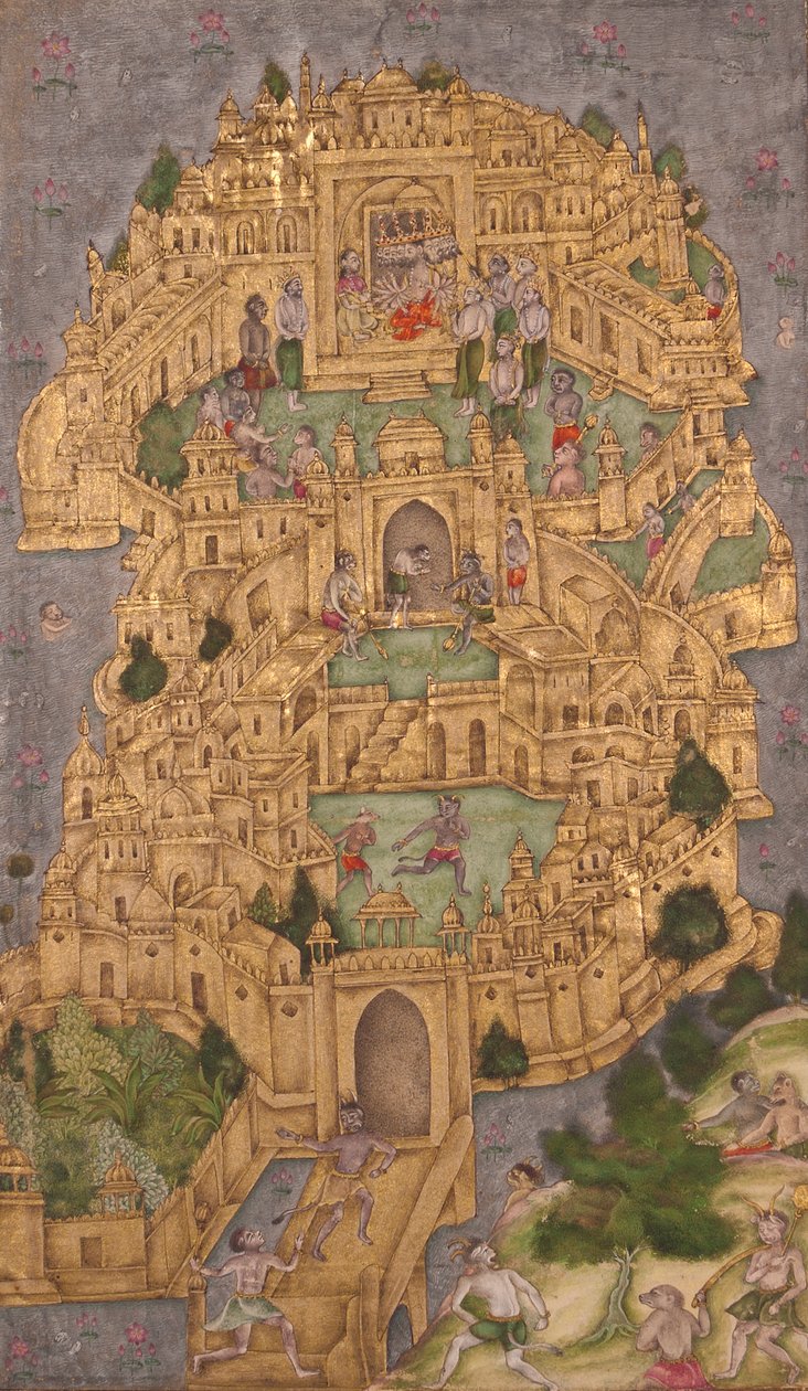रावण की सोने की लंका, सी। १६१० (कागज पर अपारदर्शी wc और सोना) द्वारा इंडियन स्कूल