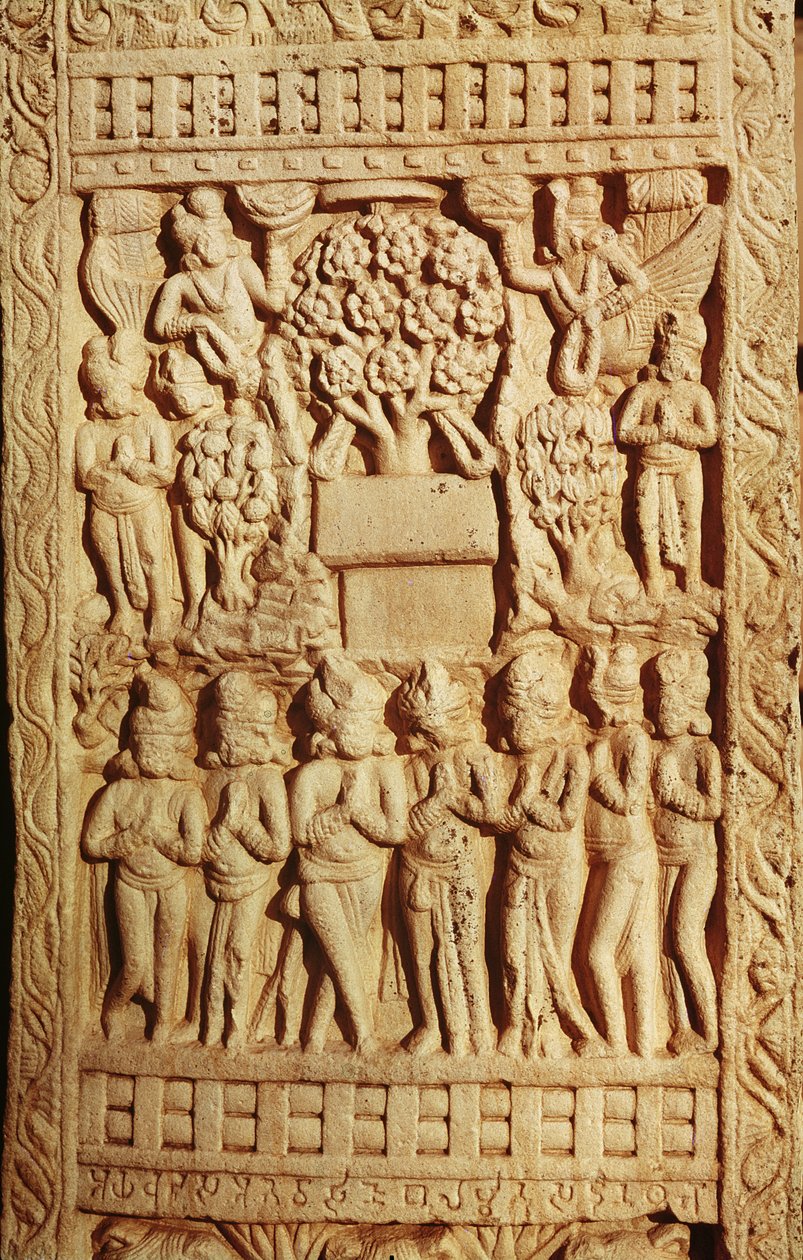 एक वृक्ष, लाला मौर्य काल, सुंग वंश (180-72 ईसा पूर्व) द्वारा दर्शाए गए बुद्ध के आराधना का चित्रण द्वारा इंडियन स्कूल