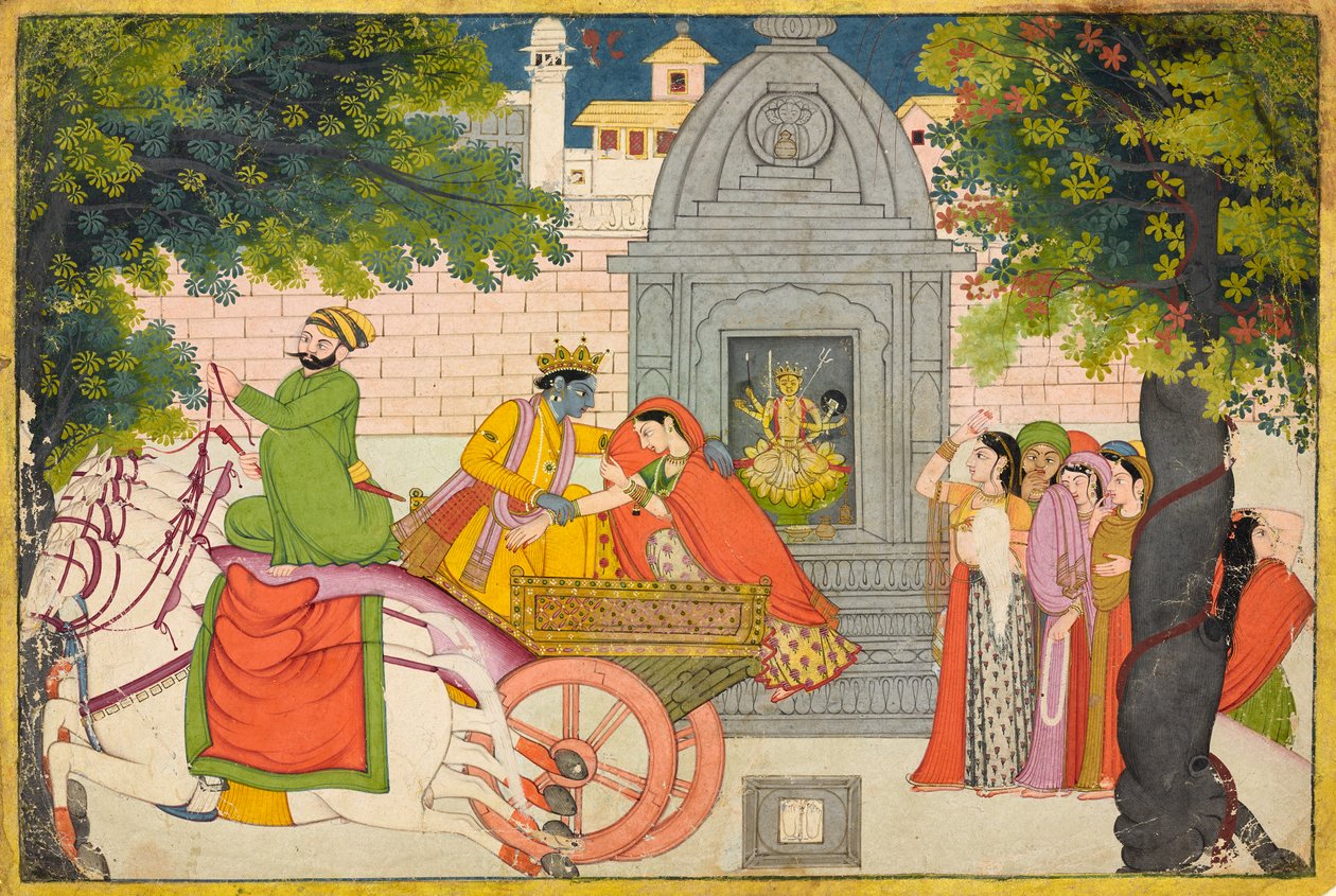 Rukmini elopes with Krishna, folio from a Bhagavata Purana, c.1780 द्वारा इंडियन स्कूल
