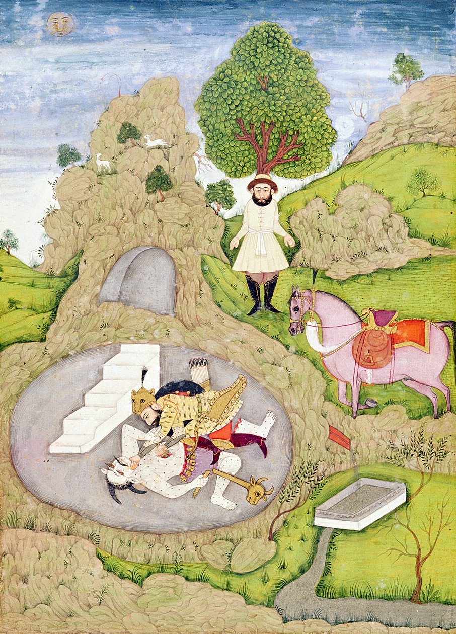 रुस्तम ने बड़े क्लीव एल्बम से अबू-कासिम मनूर फ़िरदौसी (c.934-c.1020), &39;शाहनामा&39; (किंग्स बुक ऑफ़ किंग्स) से व्हाइट दानव को मार डाला द्वारा इंडियन स्कूल