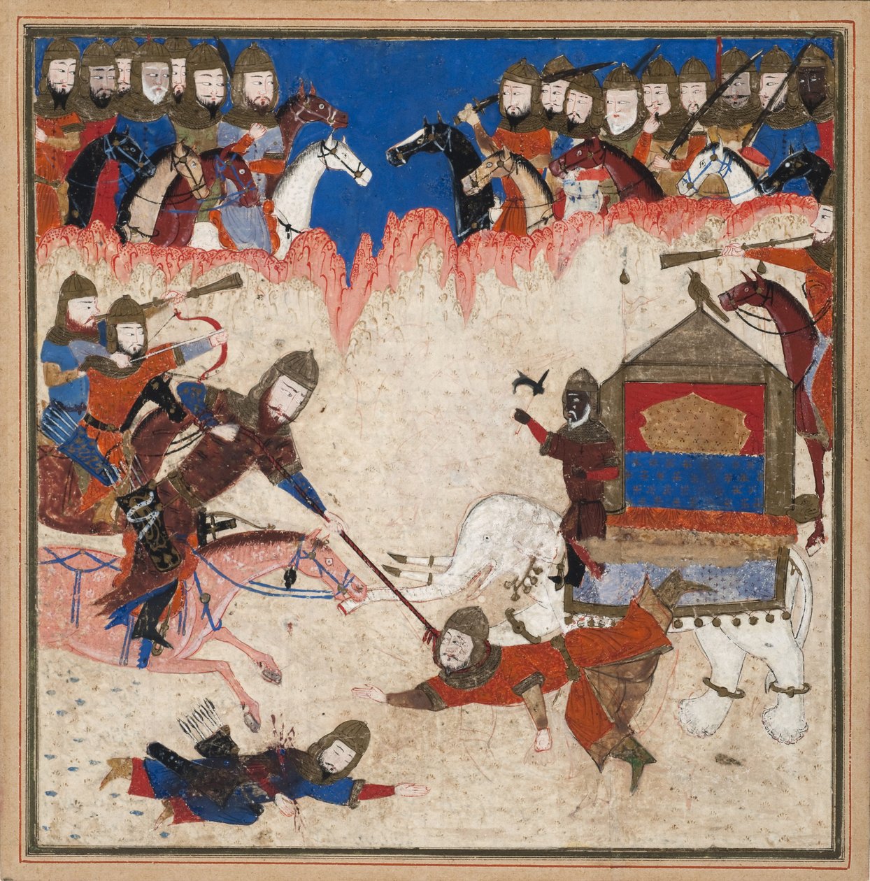 रुस्तम ने चीन के खाकान को लूट लिया और उसे अपने हाथी से खींच लिया, c.1450 (कागज पर अपारदर्शी wc और सोना) द्वारा इंडियन स्कूल