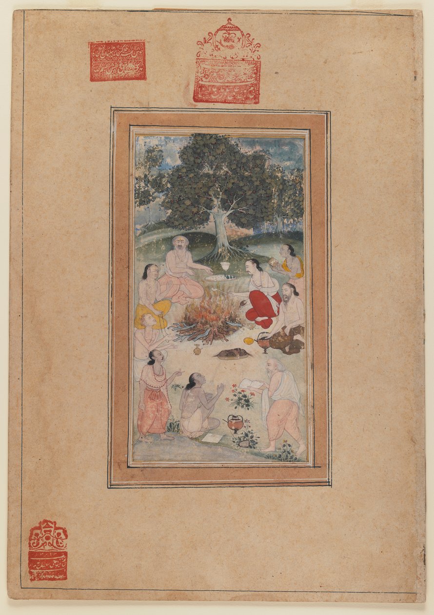 साधु आग के चारों ओर इकट्ठा हो गए, c.1600 (wc कागज पर) द्वारा इंडियन स्कूल