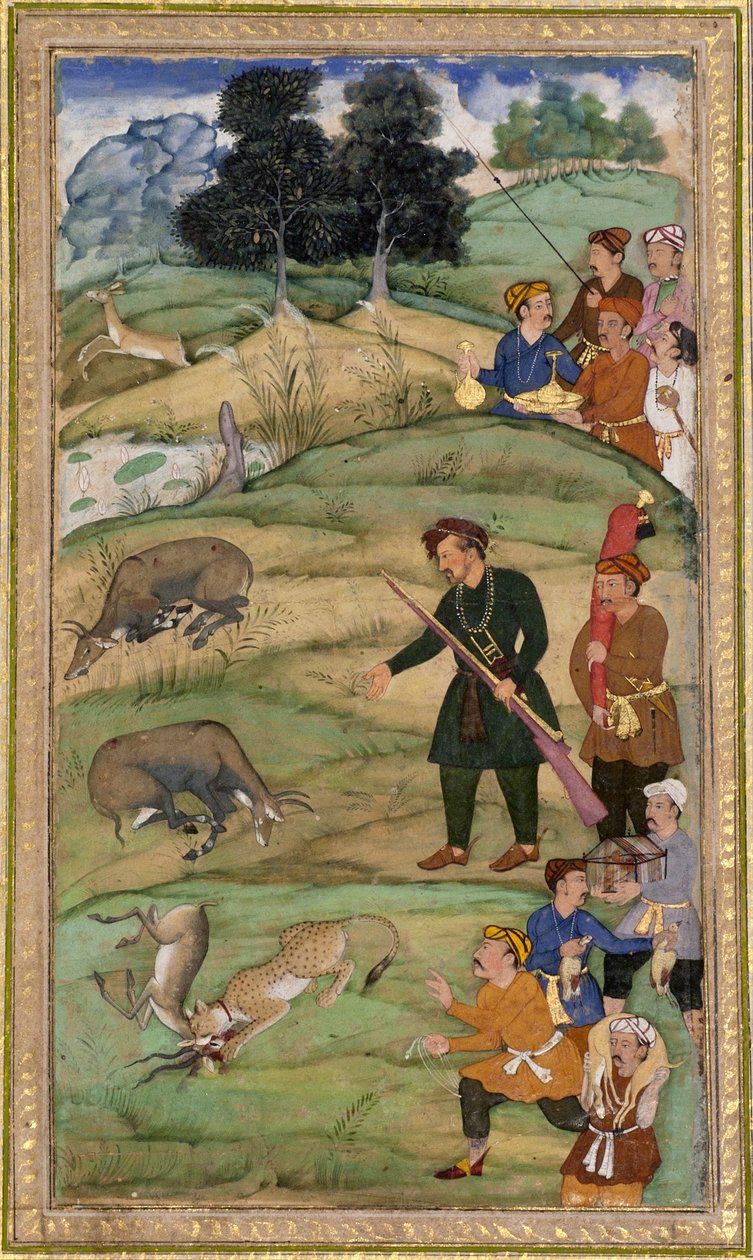 सलीम, अपनी राइफल पकड़े हुए, एक मृत नीलगाय पर इशारे करता है, c.1600 (अपारदर्शी wc और स्नातक स्तर पर स्नातक) द्वारा इंडियन स्कूल