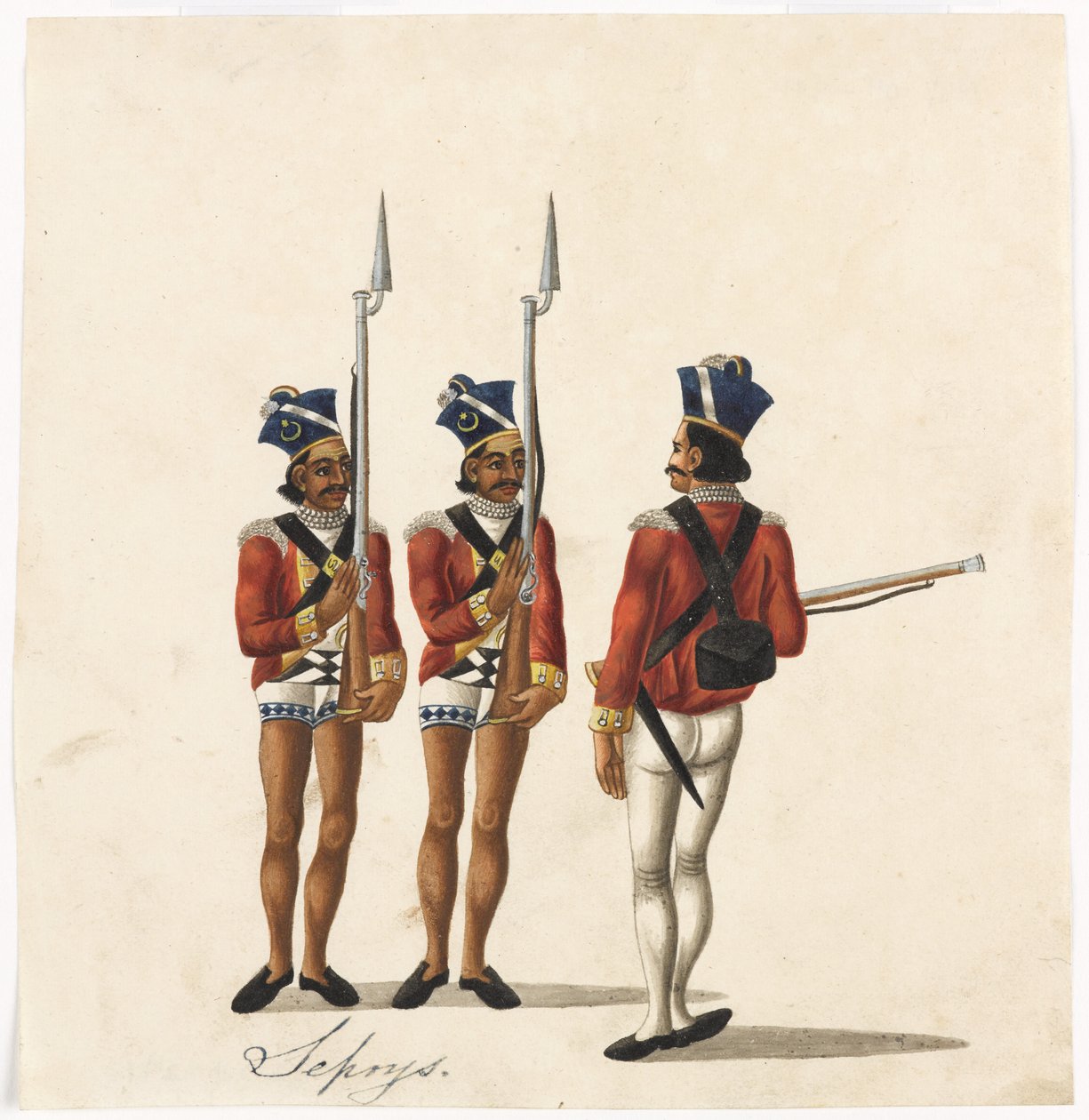 सिपाही और एक भारतीय अधिकारी, बंगाल सेना, c.1815 (कागज पर पानी के रंग का) द्वारा इंडियन स्कूल