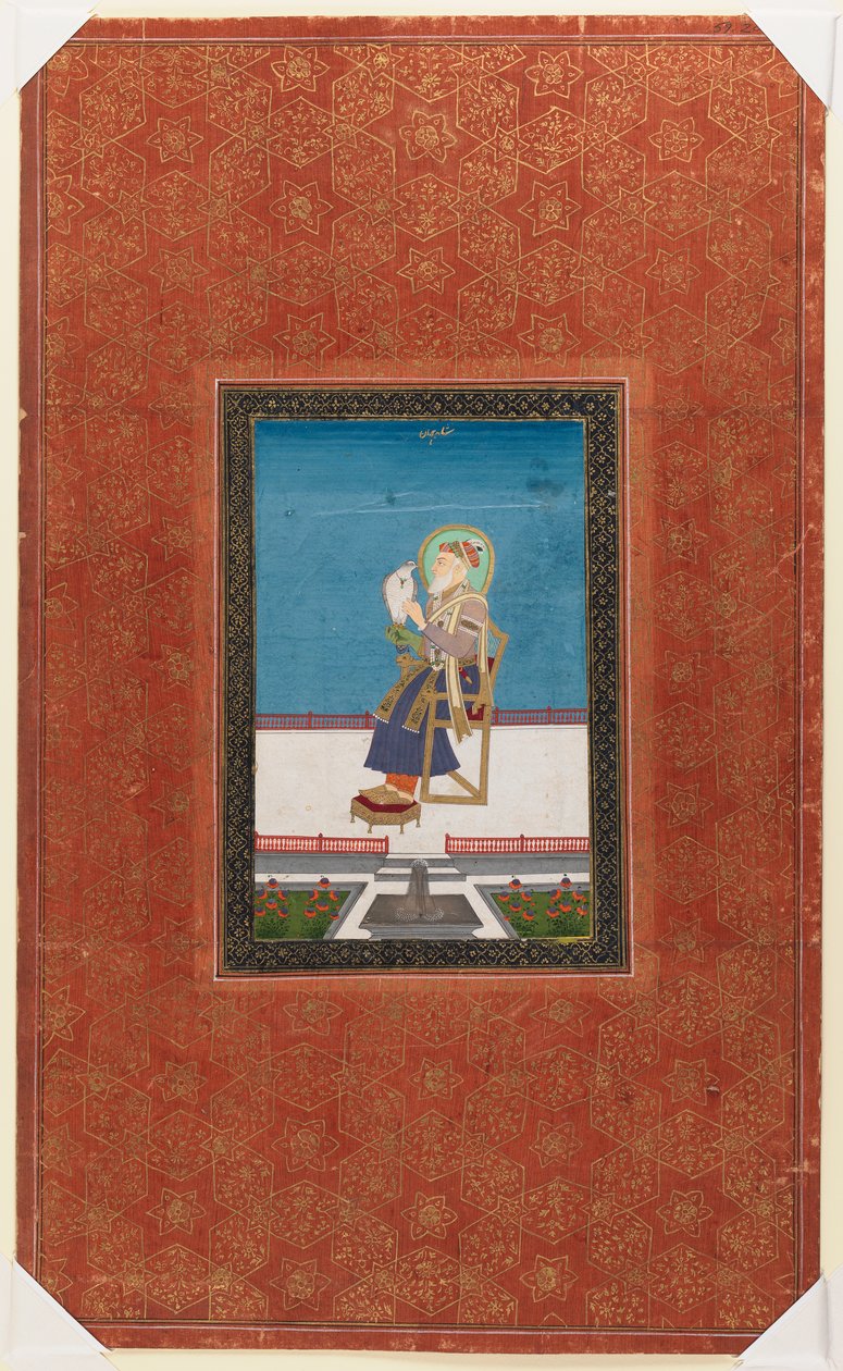 शाहजहाँ एक बाज़ के साथ, 1875-1900 (कागज पर अपारदर्शी wc और सोना) द्वारा इंडियन स्कूल