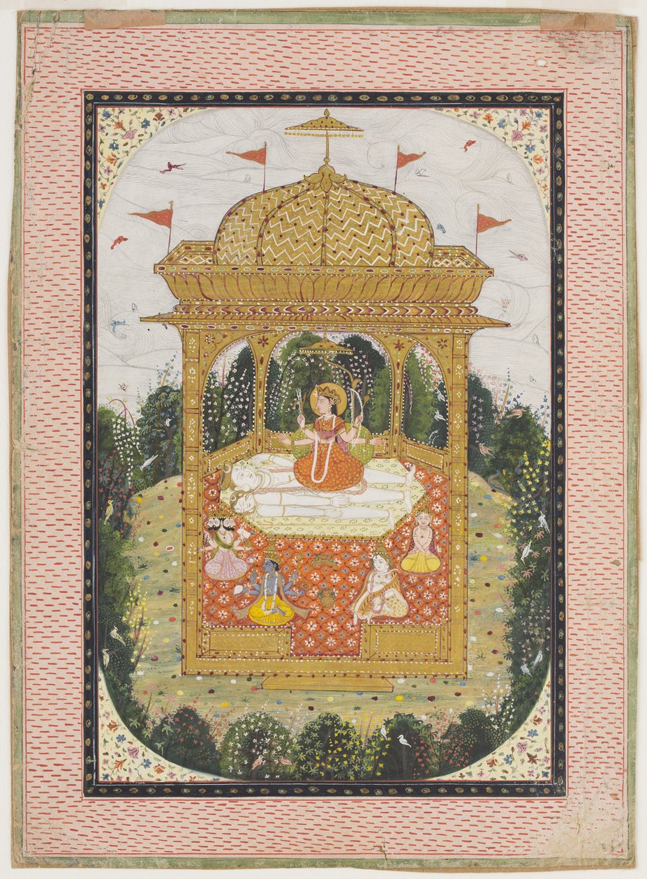 एक मंदिर में शिव और अन्य देवताओं के साथ शक्ति, c.1780 (कागज पर गौचे और गिल्ट) द्वारा इंडियन स्कूल