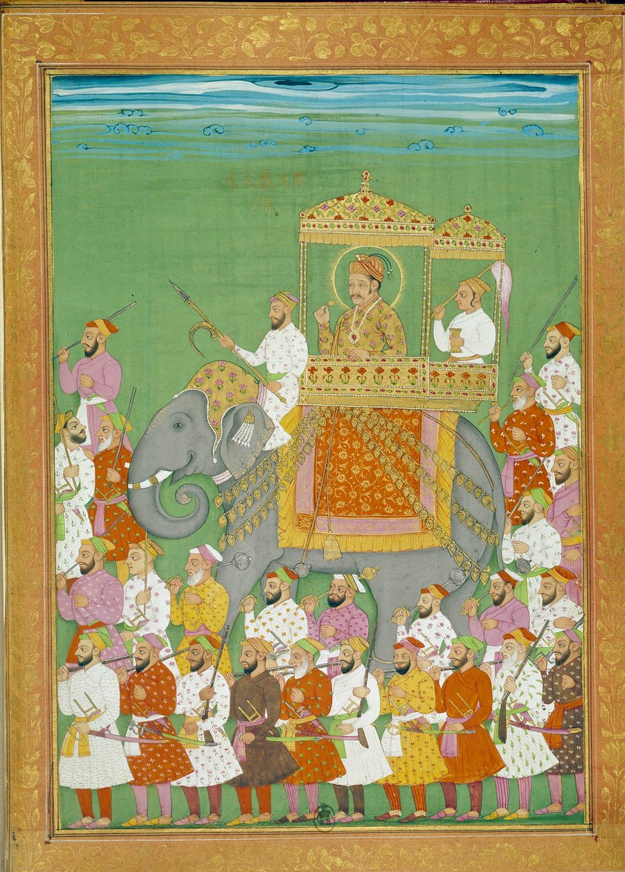 सुल्तान अकबर शाह आलेम के दरबार में हाथी पर सवार होता है। निकोलो मनुची (1638 - 1717), विनीशियन एक्सप्लोरर द्वारा एक यात्रा कहानी से लघु। भारत द्वारा इंडियन स्कूल