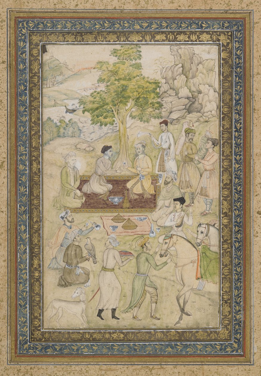 सुल्तान मुराद और सुल्तान डेनियल ने एक पिकनिक पर, पेंटिंग के साथ एल्बम फोलियो को अलग किया, c.1900 द्वारा इंडियन स्कूल