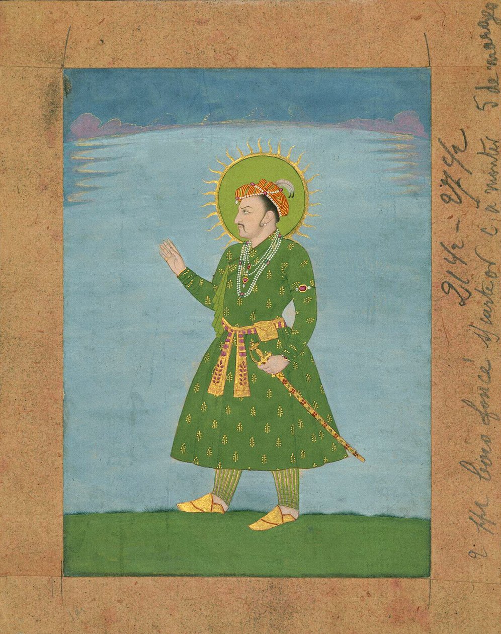 चौथे मुगल सम्राट जहाँगीर (आर। 1605-1627), सी। 17 वीं सदी की शुरुआत में लघु चित्रकला (स्याही और भूरे रंग के कागज पर चित्र) द्वारा इंडियन स्कूल