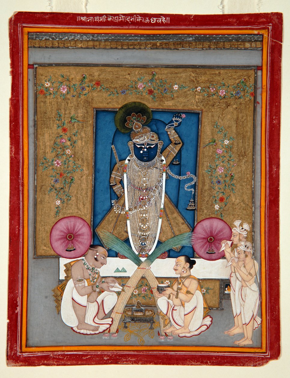 श्रीनाथ जी के रूप में कृष्ण का आराधन, 1800-25 (कागज पर अपारदर्शी wc और सोना) द्वारा इंडियन स्कूल