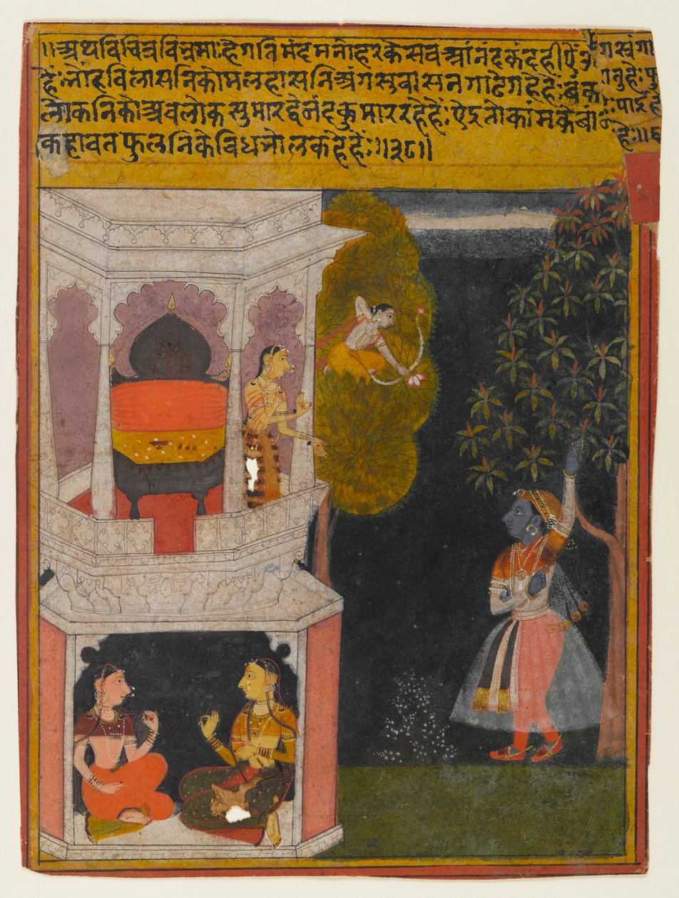 द बीसेलेड नायिका, एक रसिकप्रिया सीरीज़ का पृष्ठ, c.1660-1690 (कागज पर अपारदर्शी wc और सोना) द्वारा इंडियन स्कूल