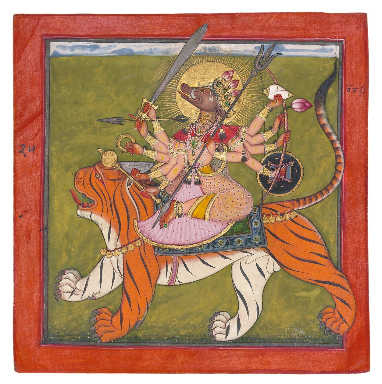 सूअर का सामना करना पड़ देवी, वरही, सी। १६६०- op० (कागज पर अपारदर्शी wc, सोना, बीटल कारपेट) द्वारा इंडियन स्कूल