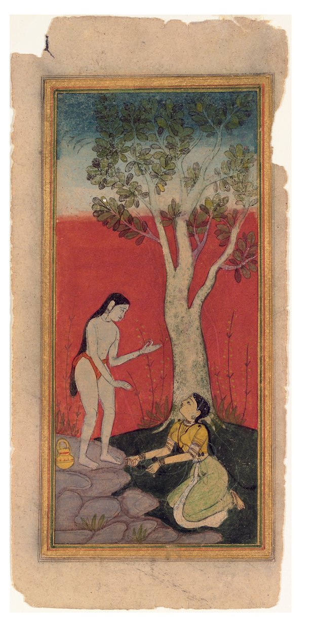 ऋषि के साथ आकाशीय अप्सरा नलिकाएं, c.1600 (कागज पर अपारदर्शी wc और सोना) द्वारा इंडियन स्कूल
