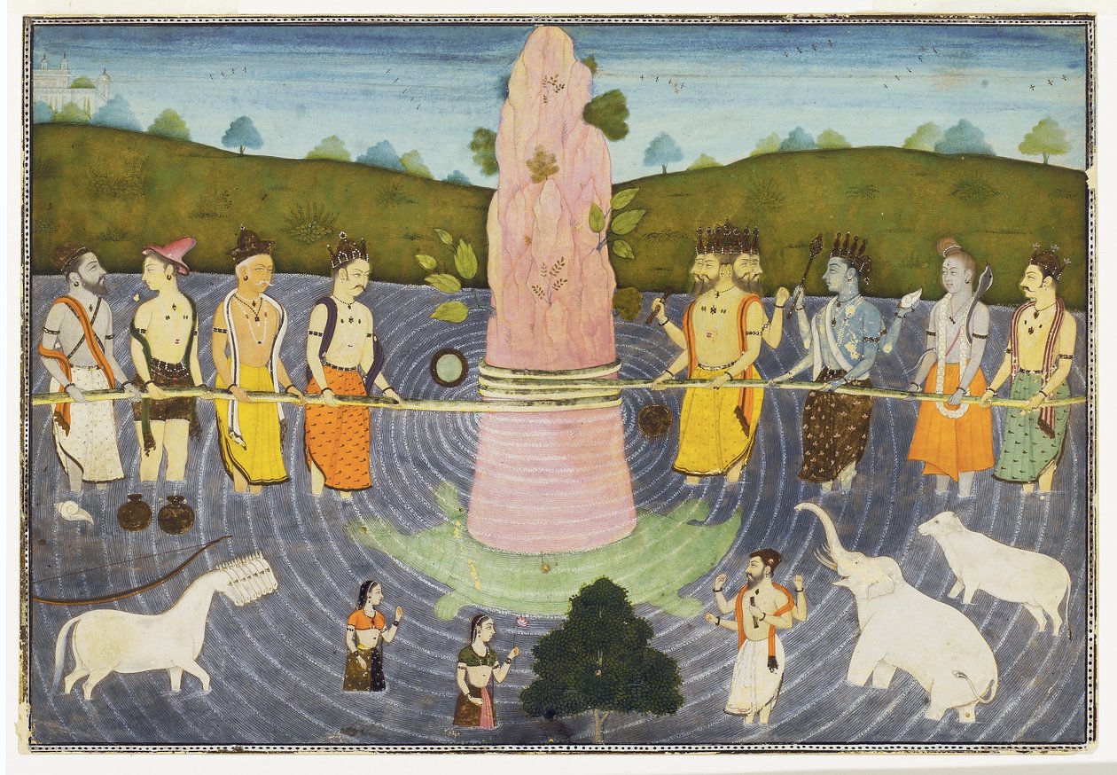 दूध के महासागर का मंथन, c.1700 (अपारदर्शी wc और सोना) द्वारा इंडियन स्कूल