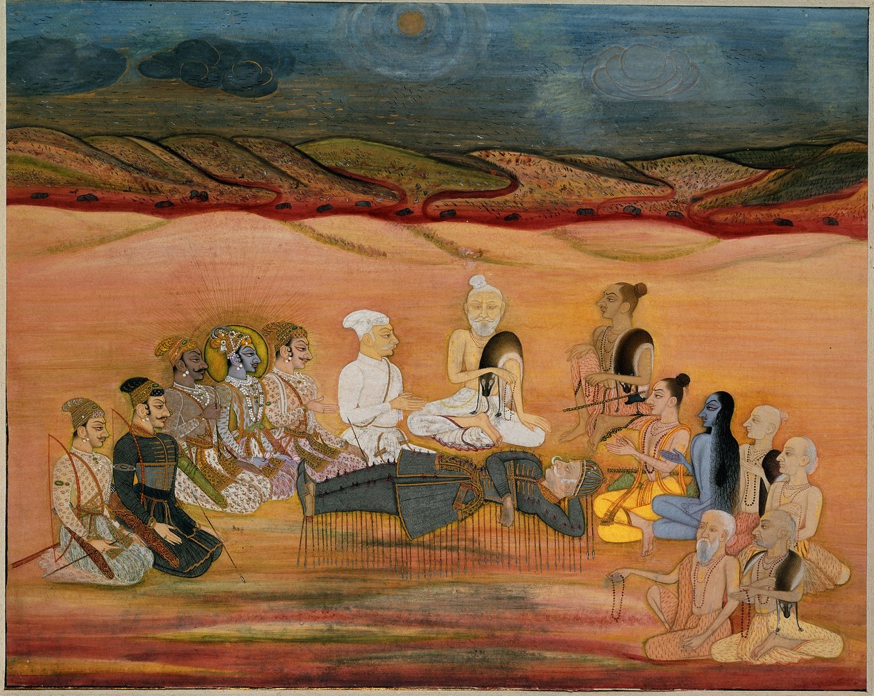 भीष्म की मृत्यु, अर्जुन के अनगिनत तीर द्वारा घायल, सी .1760-1770 द्वारा इंडियन स्कूल