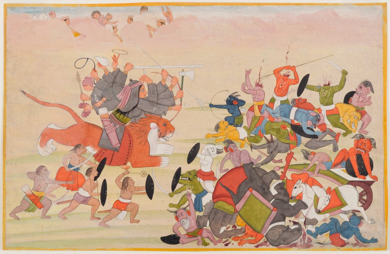देवी ने महिषासुर को हराया, एक बिखरी हुई देवी महात्म्य श्रृंखला से फोलियो, c.1770-80 (कागज पर wc) द्वारा इंडियन स्कूल