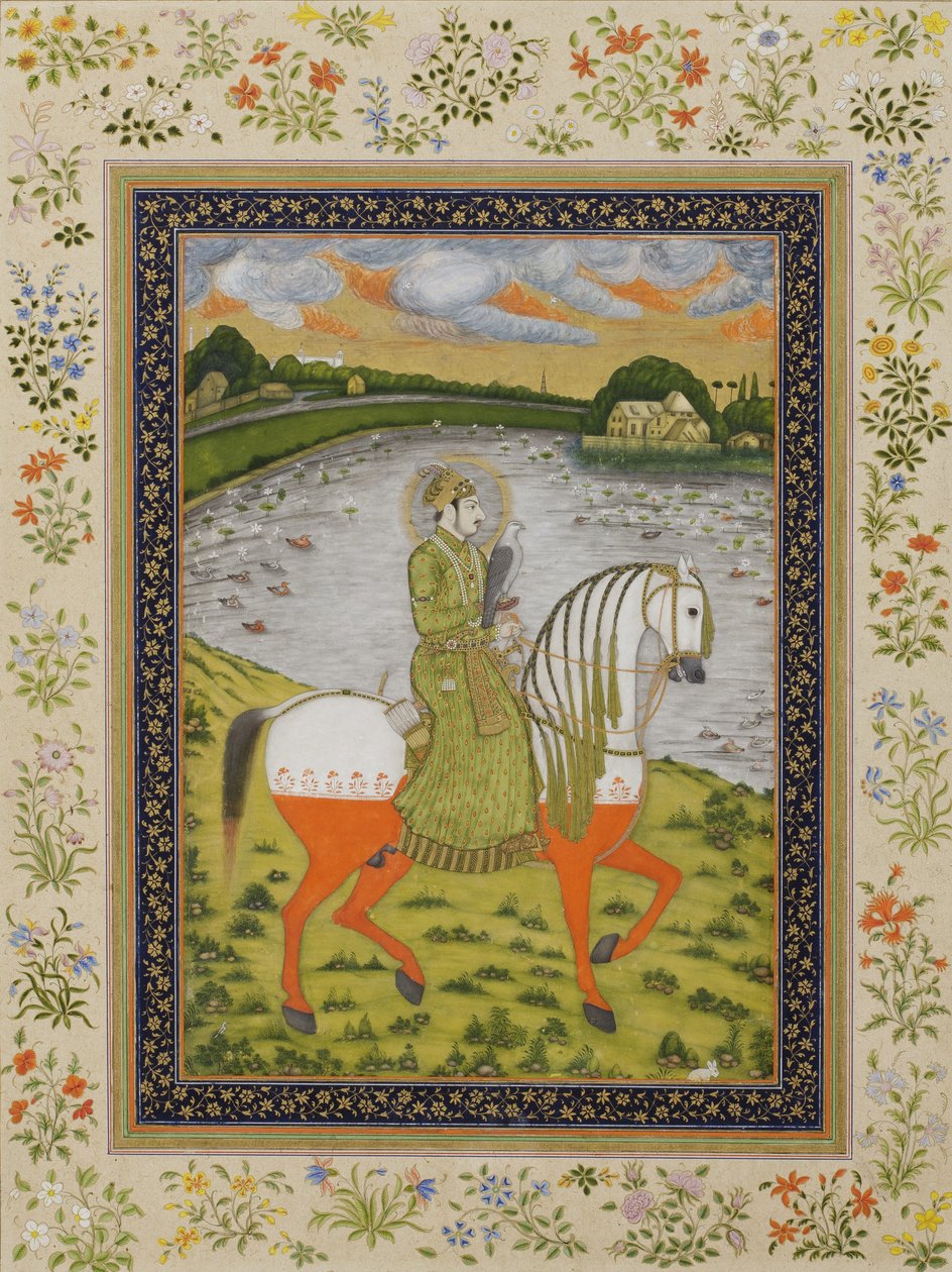 सम्राट मुहम्मद शाह, अश्वारोही, शिकार के क्षेत्र में, c.1750 (कागज पर अपारदर्शी wc और सोना) द्वारा इंडियन स्कूल