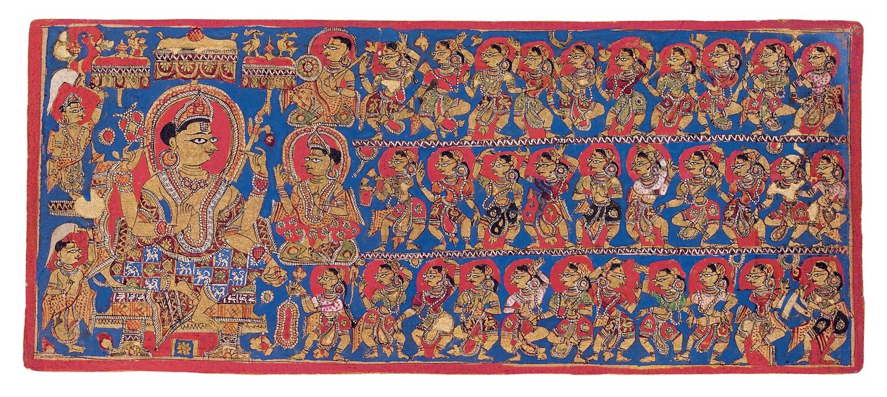इंद्र का स्वर्गीय दरबार, &39;देवासनपुरो भंडार&39; कल्पसूत्र से, c.1475 (कागज पर अपारदर्शी जल रंग और सोना) द्वारा इंडियन स्कूल