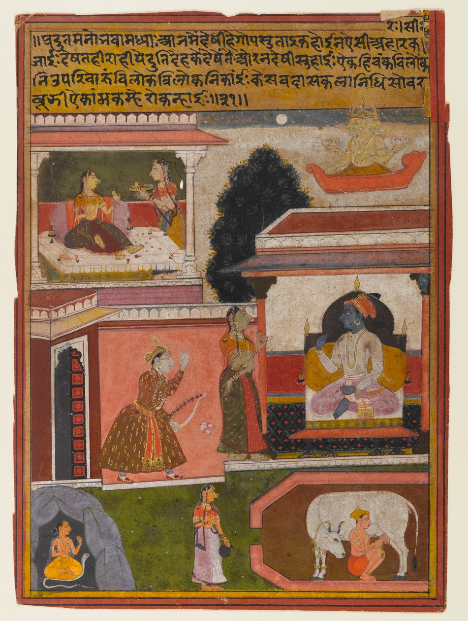 नायिका की इच्छाएँ स्पष्ट हैं, एक रसिकप्रिया श्रृंखला से पृष्ठ, c.1660-1690 (कागज पर अपारदर्शी wc और सोना) द्वारा इंडियन स्कूल