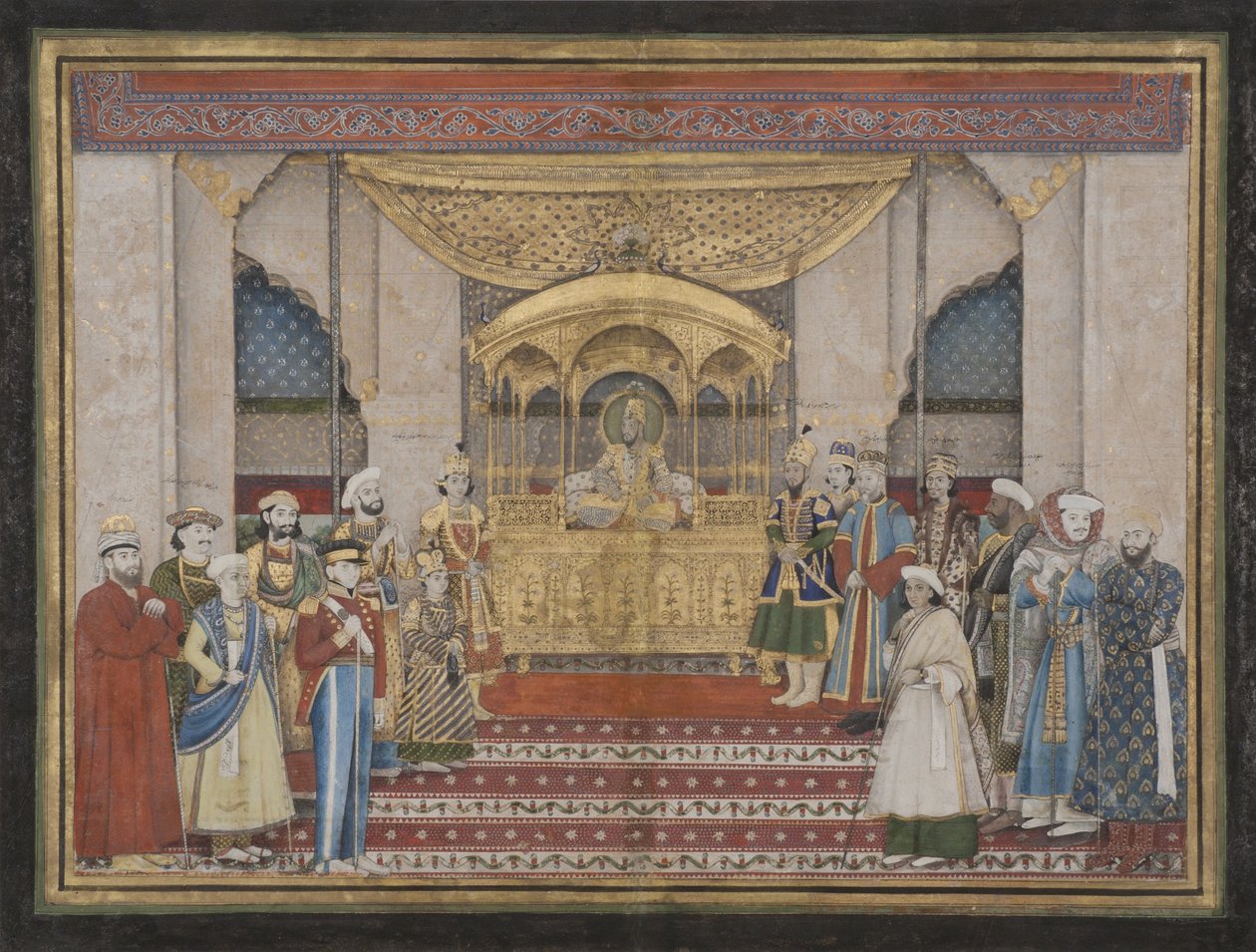 1839 में दरबार में मुग़ल सम्राट बहादुर शाह द्वितीय (कागज़ पर अपारदर्शी wc और सोना) द्वारा इंडियन स्कूल