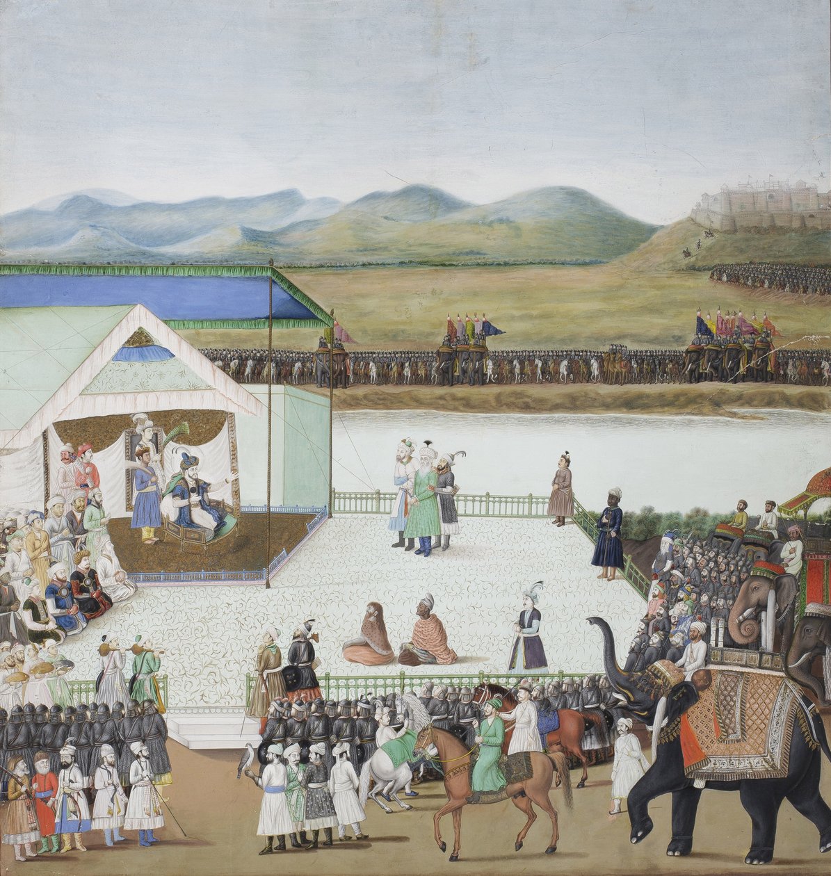 तुर्की सुल्तान बयाज़िद तैमूर के सामने बंदी लाया, c.1850 (कागज पर अपारदर्शी wc और सोना) द्वारा इंडियन स्कूल