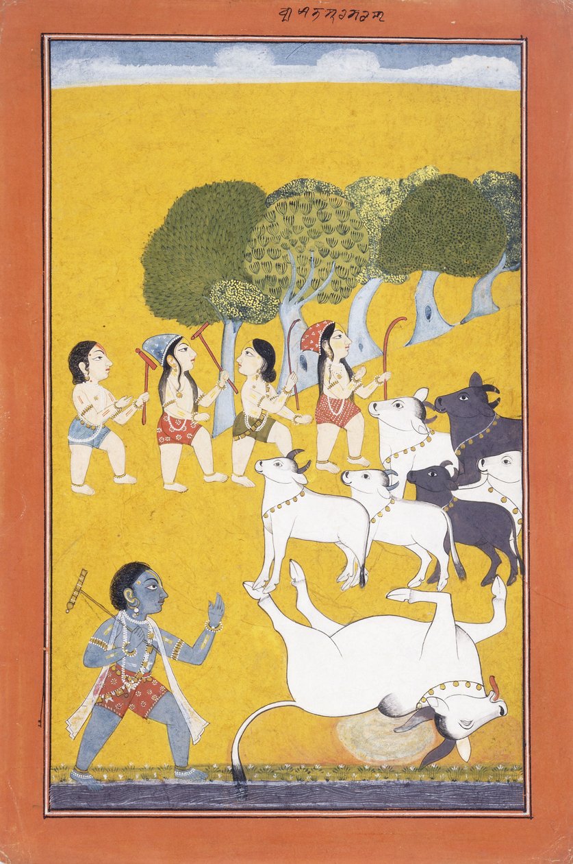 द यंग कृष्णा दैट्स वत्ससुरा को मारता है, जो एक बछड़े की आड़ में आया था, c.1730-1740 द्वारा इंडियन स्कूल
