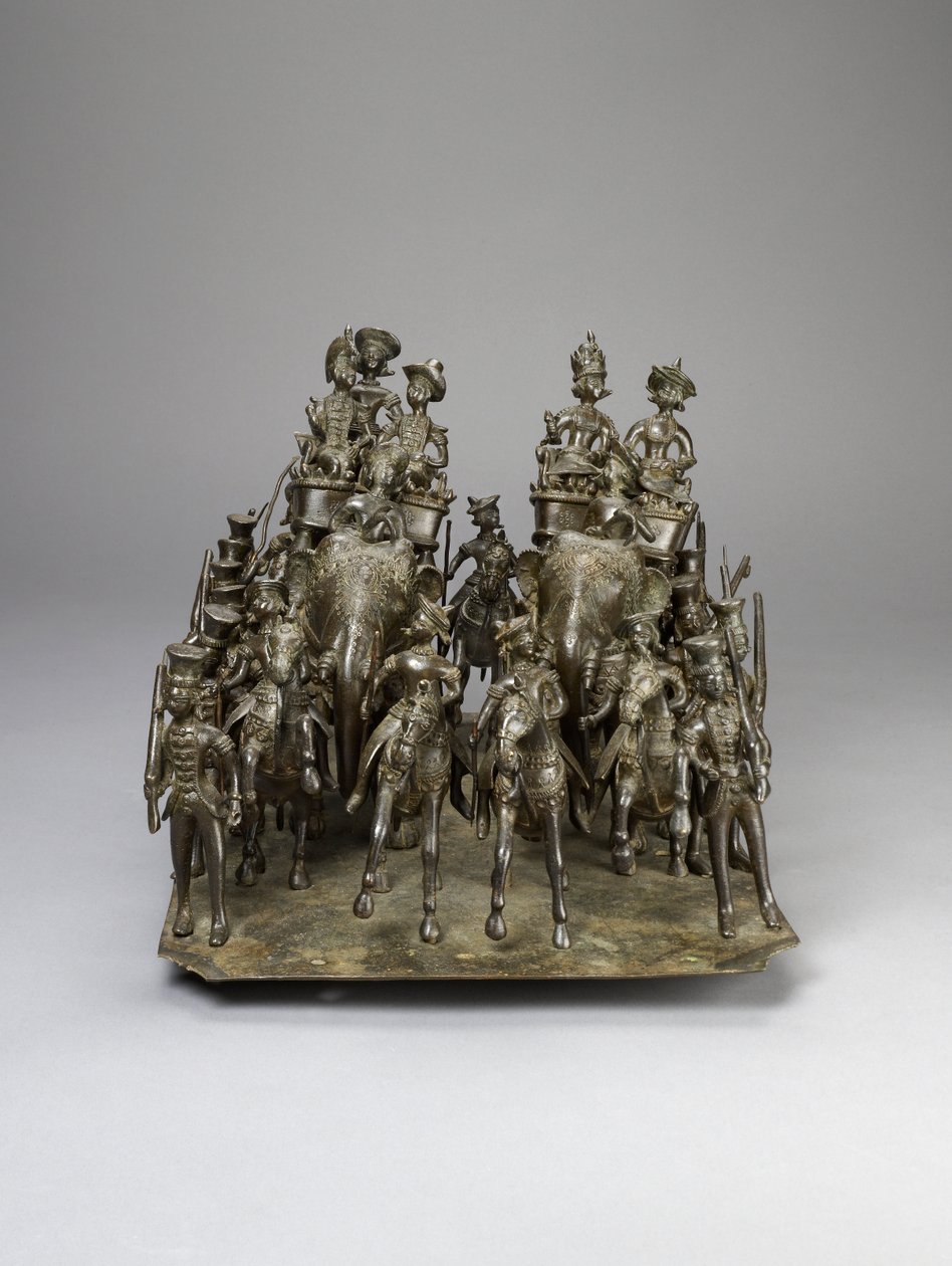 हाथी पर ब्रिटिश निवासी के साथ अवध के राजा का घुड़सवार दल, c.1820 (कांस्य) द्वारा इंडियन स्कूल
