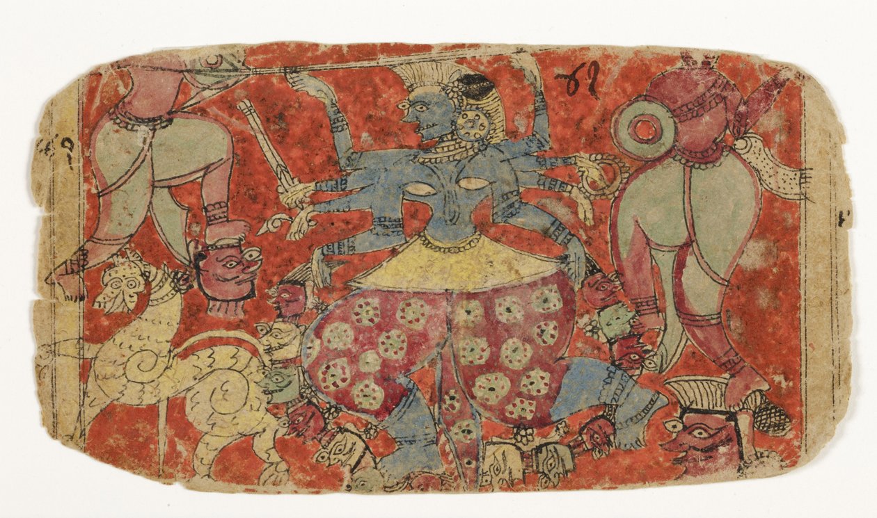 देवी काली ने राक्षसों से युद्ध किया, दुर्गा ने राक्षसों पर हमला किया शंभ और निशुंभ (कागज पर अपारदर्शी wc) द्वारा इंडियन स्कूल