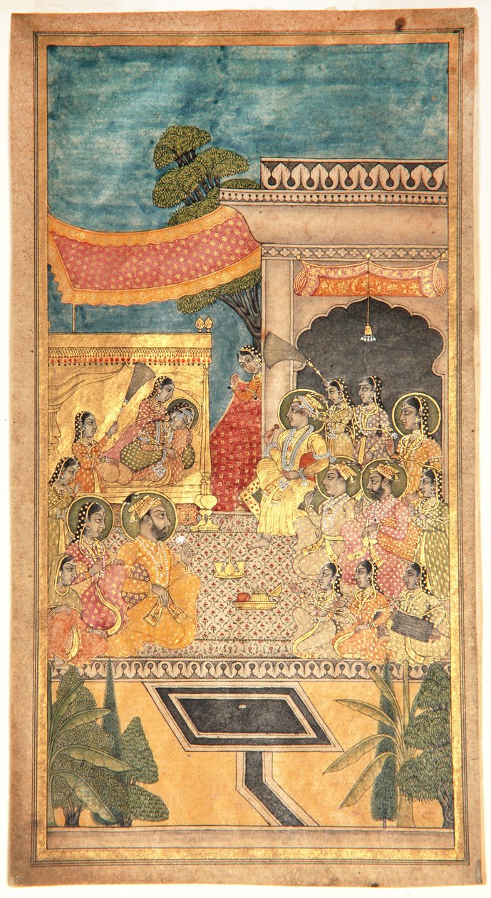 जलवा समारोह में टाना शाह की शादी, 1679 (कागज पर अपारदर्शी wc और सोना) द्वारा इंडियन स्कूल