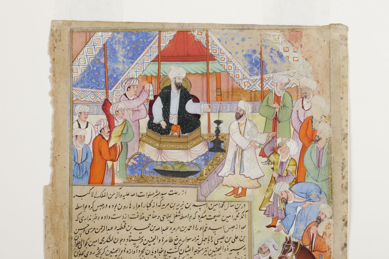 आबादी नए अब्बासिद खलीफा अल-मामून के प्रति निष्ठा का विस्तार करती है, c.1593 (कागज पर अपारदर्शी wc और सोना) द्वारा इंडियन स्कूल