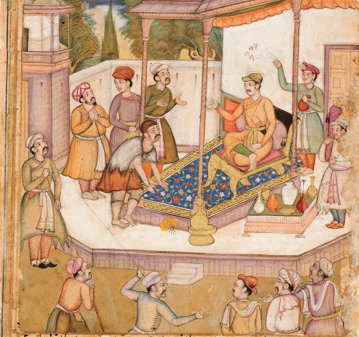 रजा जिसका मेहमान उससे रोजाना 500 दीनार मांगता था, c.1585 (कागज पर अपारदर्शी wc और सोना) द्वारा इंडियन स्कूल
