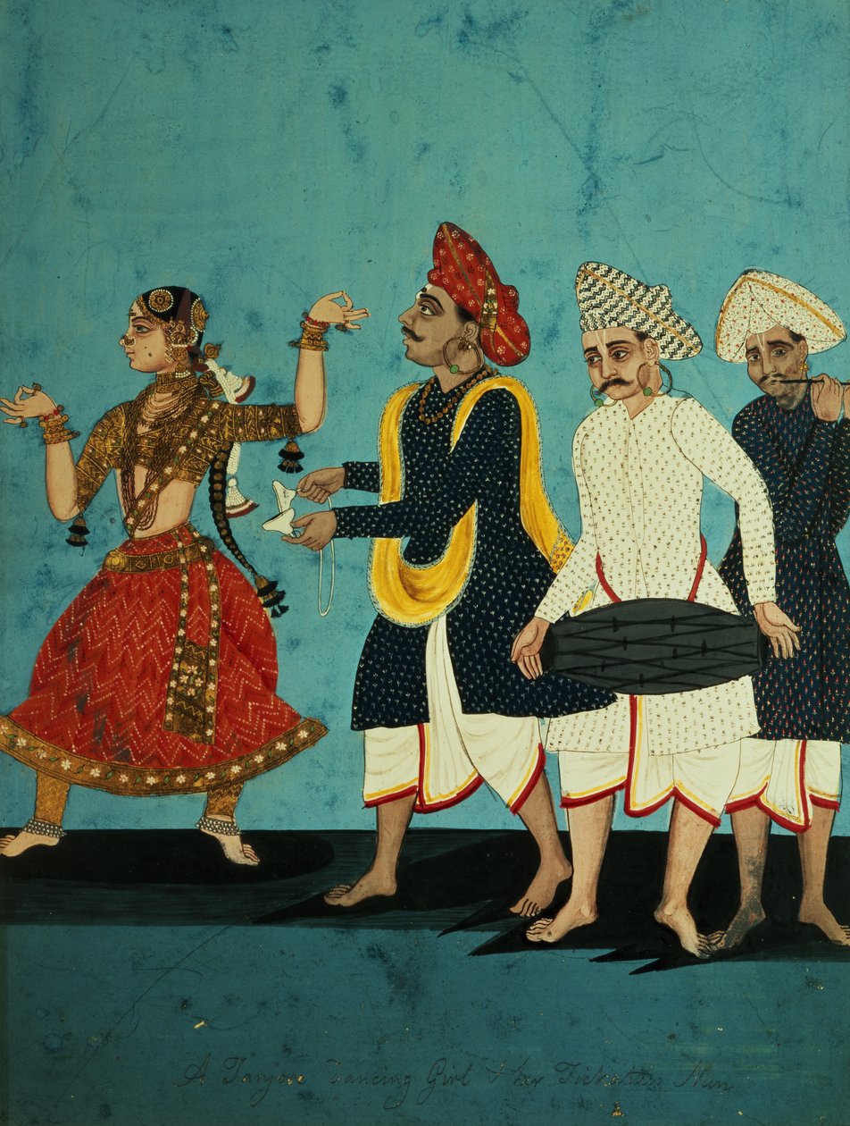 तीन संगीतकार और एक नाचने वाली लड़की, तंजौर, तमिलनाडु, c.1850 द्वारा इंडियन स्कूल