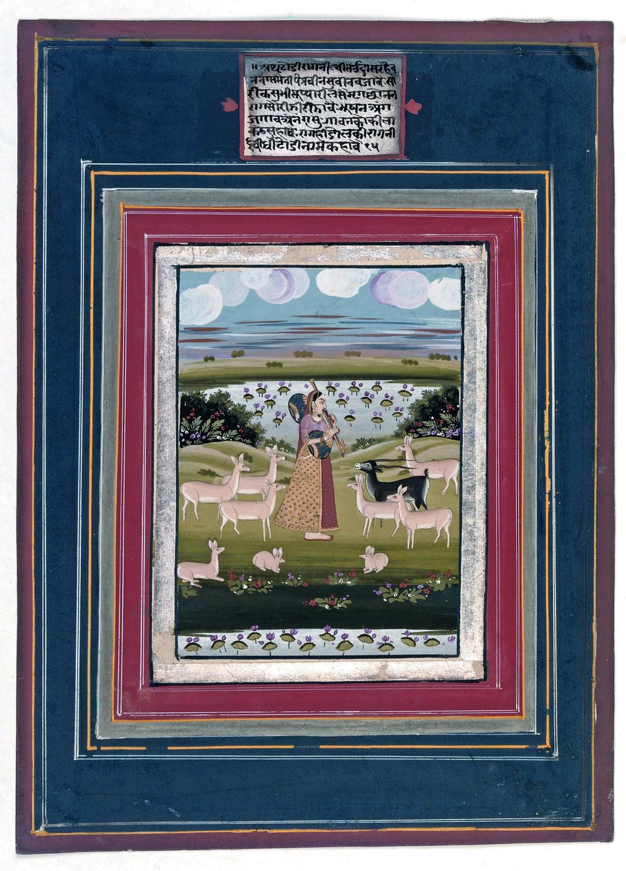 टोडी रागिनी - 1810-20 में जानवरों के साथ एक परिदृश्य में एक महिला खेलती हुई द्वारा इंडियन स्कूल