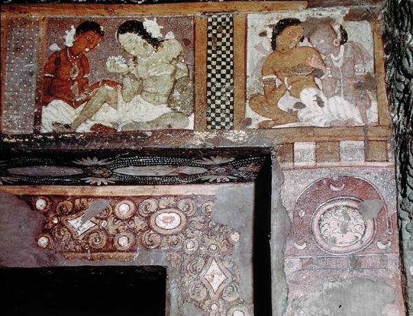 गुफा 17 (फ्रेस्को) के आंतरिक भाग से दो जोड़े द्वारा इंडियन स्कूल