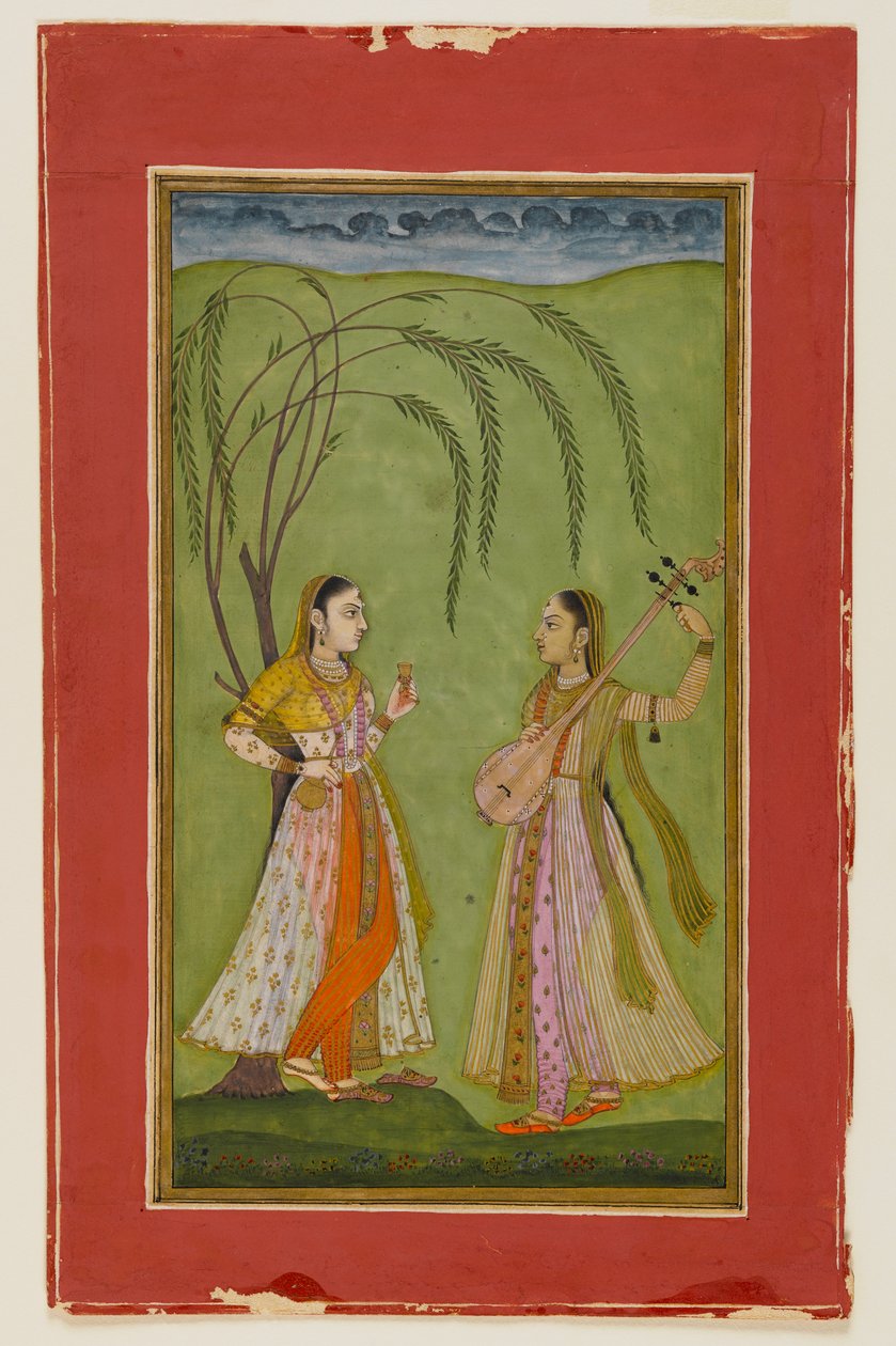 एक परिदृश्य में दो महिलाओं, c.1725 (कागज पर अपारदर्शी wc) द्वारा इंडियन स्कूल
