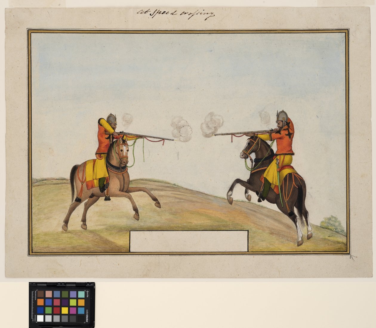 राइफल फायर का आदान-प्रदान करने वाले दो घुड़सवार, c.1830 (कागज पर अपारदर्शी जल रंग और सोना) द्वारा इंडियन स्कूल