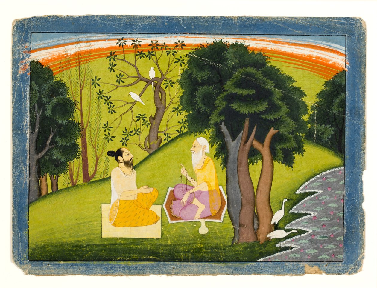 परिदृश्य में चर्चा में दो ऋषि, c.1785 (कागज पर अपारदर्शी wc और सोना) द्वारा इंडियन स्कूल