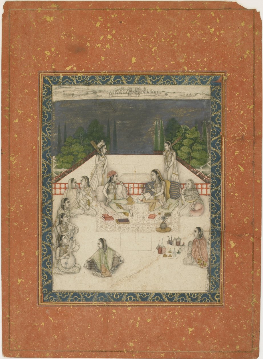 दो महिलाओं को एक छत पर बैठाया गया, जो कि परिचारकों और संगीतकारों से घिरी हुईं, c.1650 (कागज पर अपारदर्शी wc और सोना) द्वारा इंडियन स्कूल