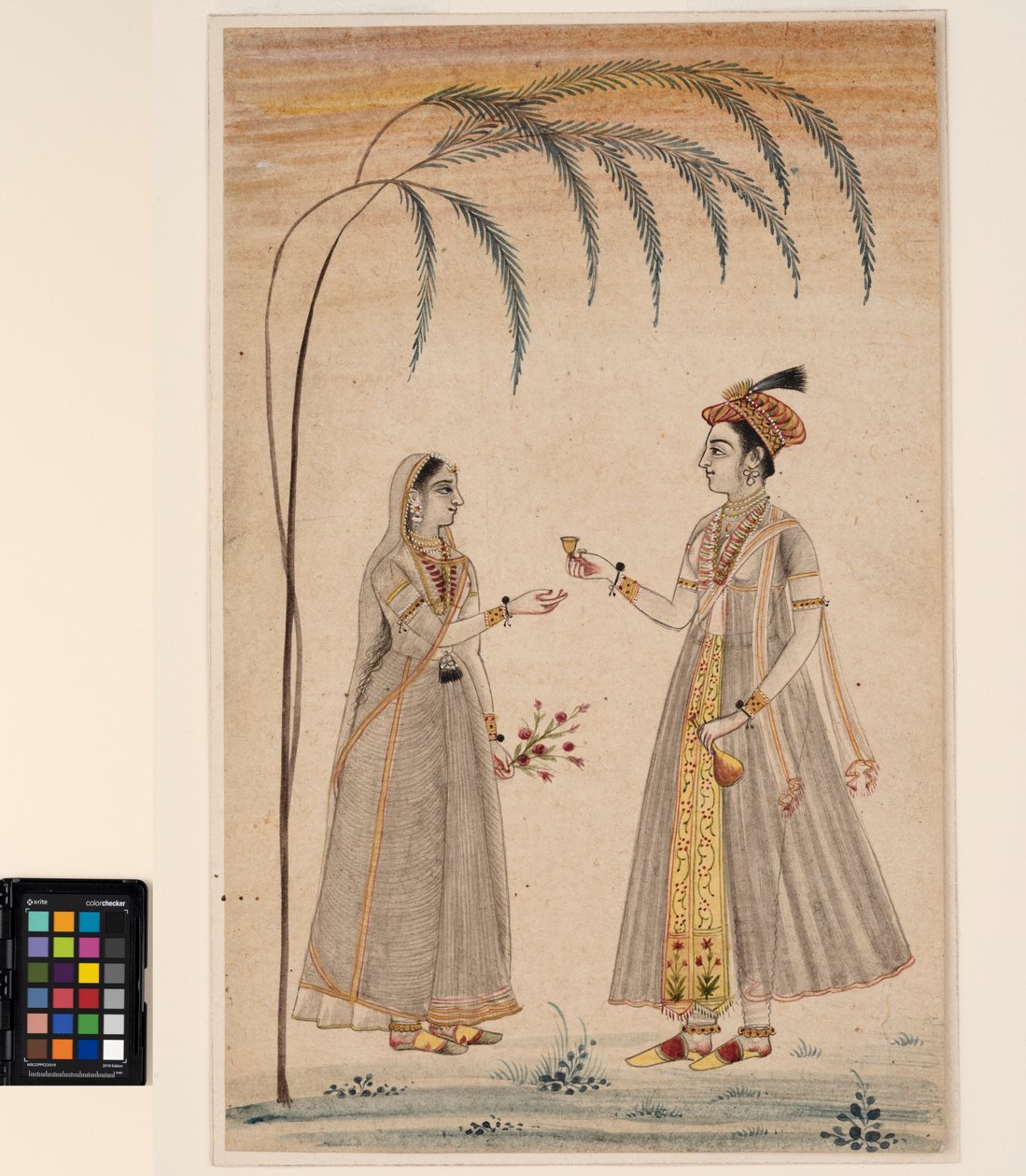 एक पेड़ के नीचे दो महिलाएं, c.1750 (अपारदर्शी जल रंग और कागज पर सोना) द्वारा इंडियन स्कूल