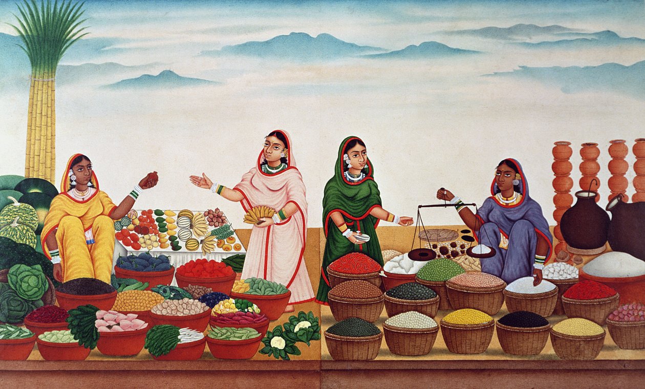 बनारस में सब्जी और मसाला बाजार, c.1840 द्वारा इंडियन स्कूल