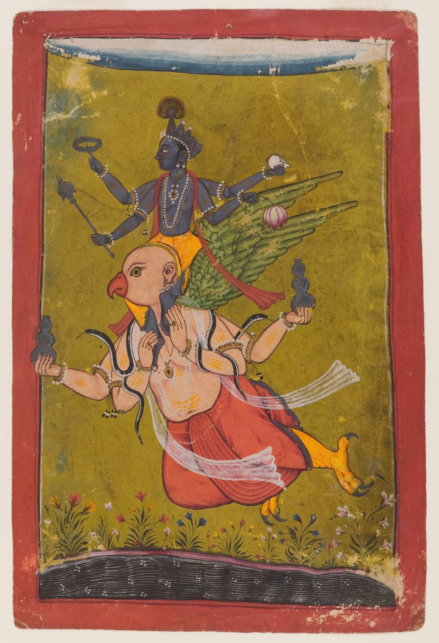गरुड़ पर विष्णु, c.1725 या पहले (wc, चांदी और कागज पर सोना) द्वारा इंडियन स्कूल
