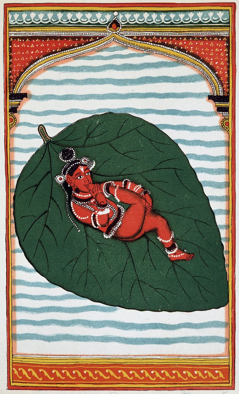 विष्णु या नारायण: ब्राह्मण त्रय के दूसरे महान देवता, उनका जन्म - 18 वीं शताब्दी का लिथो। द्वारा इंडियन स्कूल