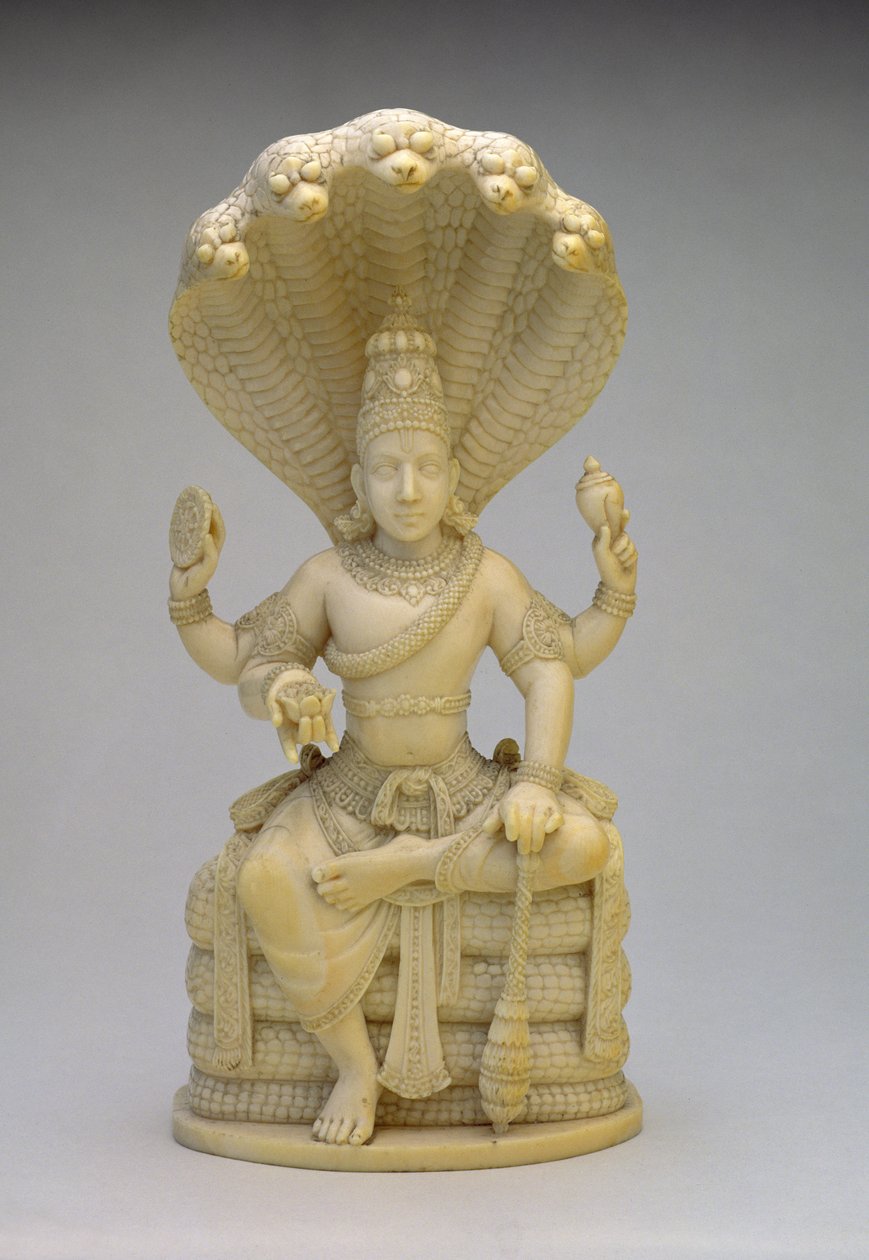 शंख, गदा, डिस्क और कमल धारण किए विष्णु, सर्प शेष पर विराजमान हैं द्वारा इंडियन स्कूल