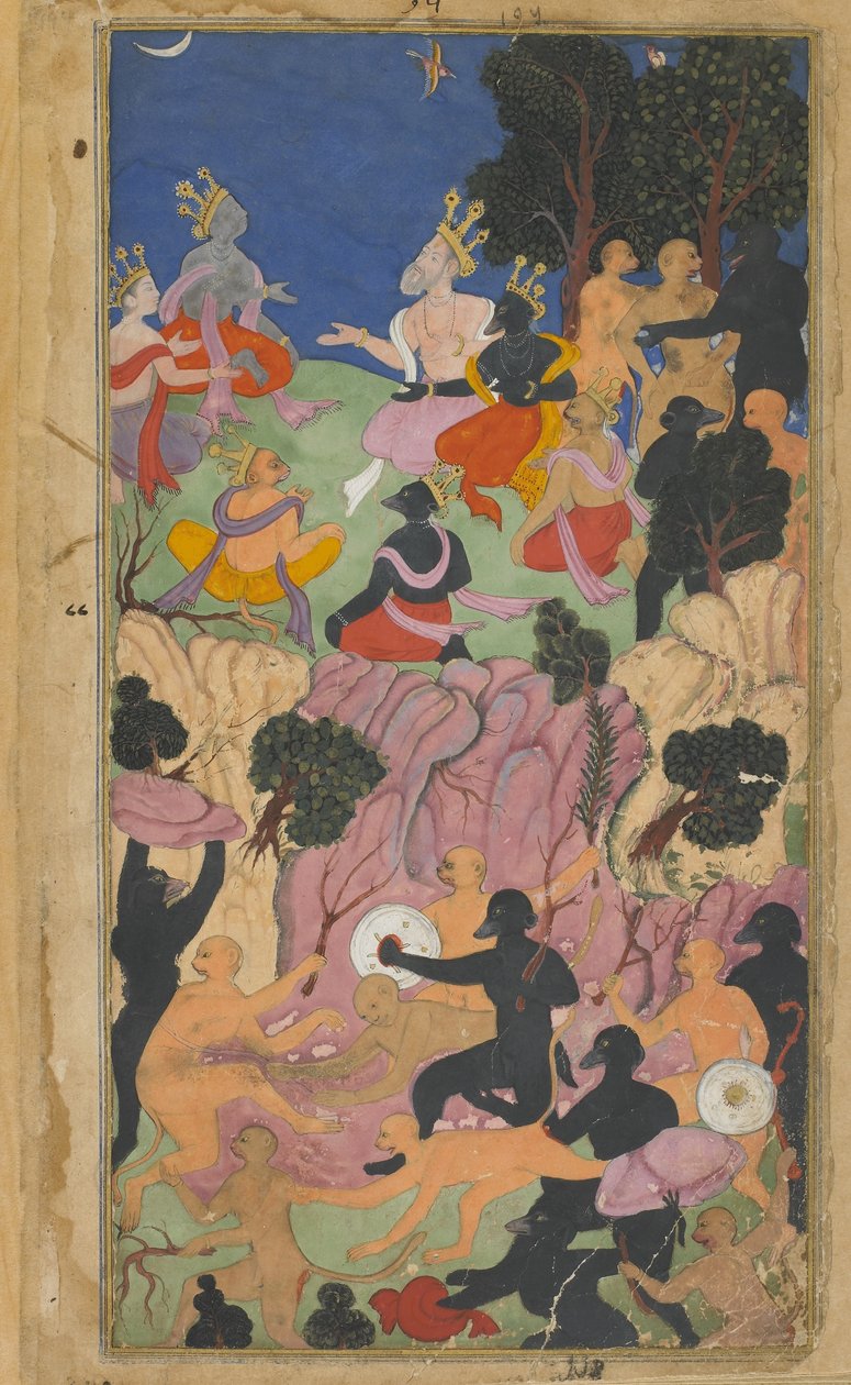 Vol.2 fol.194 रामा ने माउंट पर वाना प्रमुखों के साथ सामना किया सुवेला (अपारदर्शी जल रंग, कागज पर स्याही और सोना) द्वारा इंडियन स्कूल