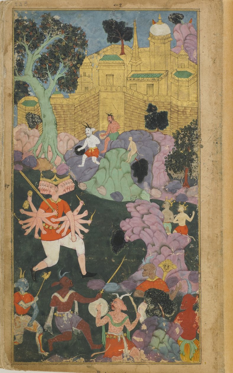 Vol.2 fol.238 रावण और उसकी सेनाओं ने शहर के सामने स्थिति संभाली (अपारदर्शी जल रंग, स्याही और कागज पर सोना द्वारा इंडियन स्कूल