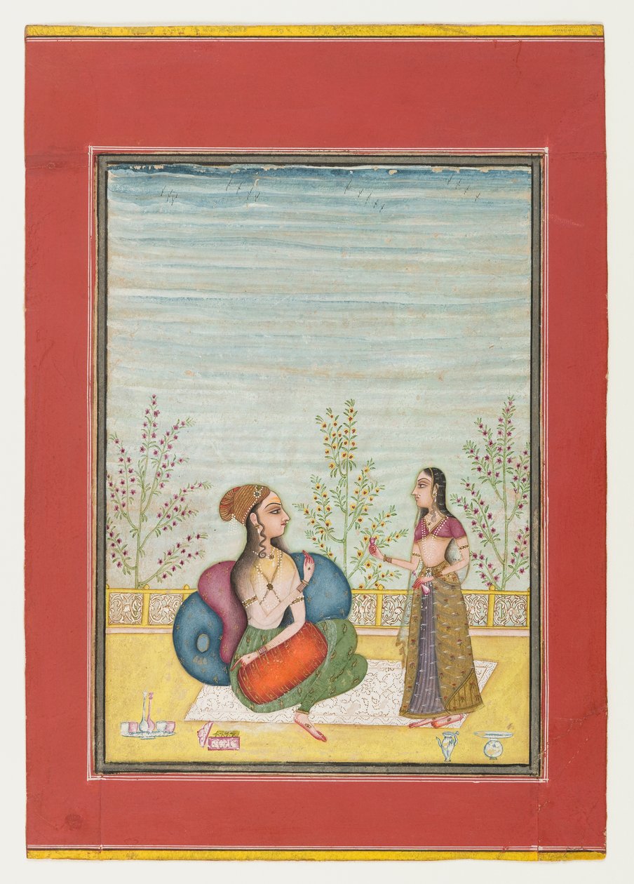 महिला और परिचारक, c.1700-10 (कागज पर अपारदर्शी wc और सोना) द्वारा इंडियन स्कूल