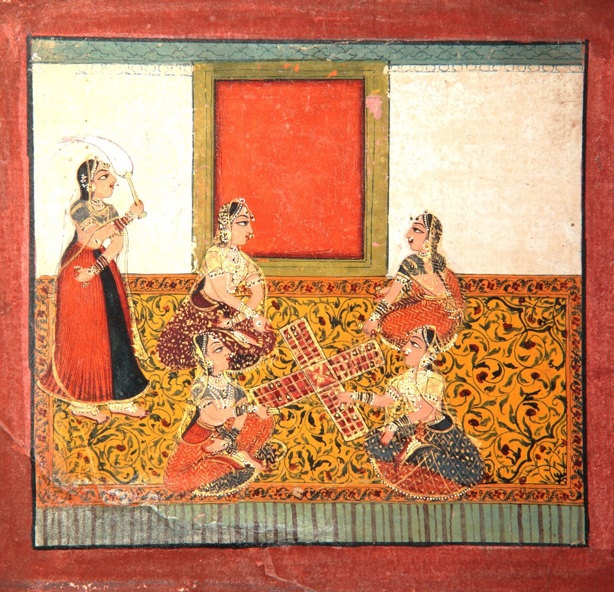 पारचेसी खेलने वाली महिलाएं, पीले रंग की पैटर्न वाली फर्श पर बैठी, c.1725 (कागज पर अपारदर्शी wc और सोना) द्वारा इंडियन स्कूल