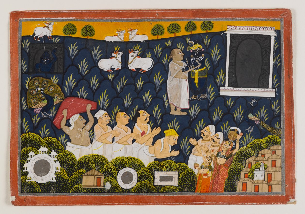 कृष्णा की पूजा, c.1800 (कागज पर अपारदर्शी wc) द्वारा इंडियन स्कूल
